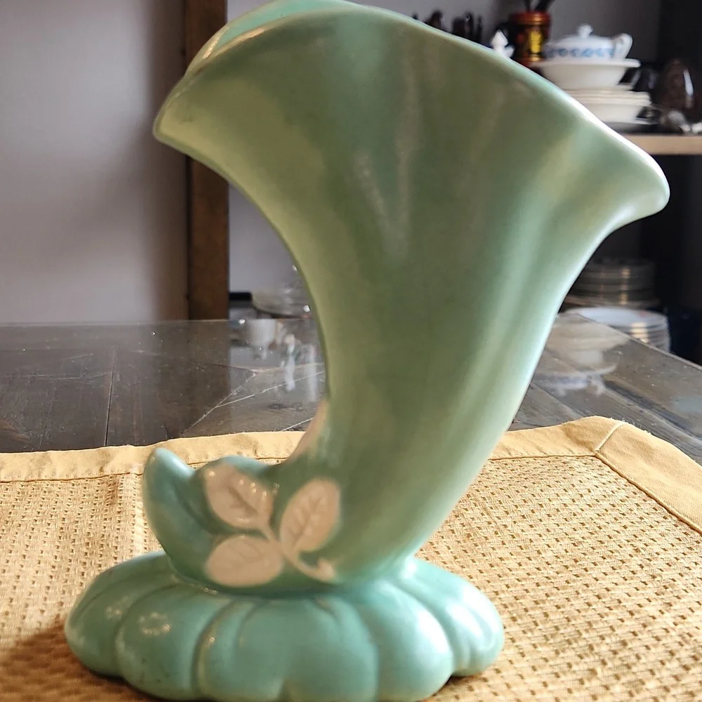 Vintage Weller Pottery Matte Green Cornucopia Vase Wild Rose Mcm